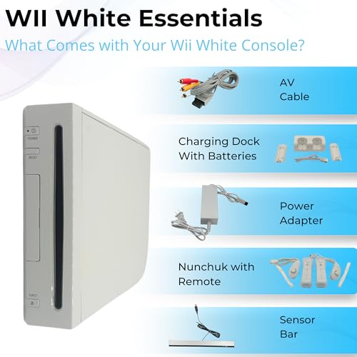 White Wii Console with 2 Remotes, 2 Nunchucks, Dual Dock Stand, Sensor Bar, AV Cable and 2 Gaming Sleeves P46413
