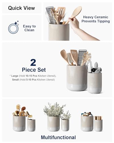 Set of 2 Ceramic Kitchen Utensil Holder, Glaze Marble Gray Q572