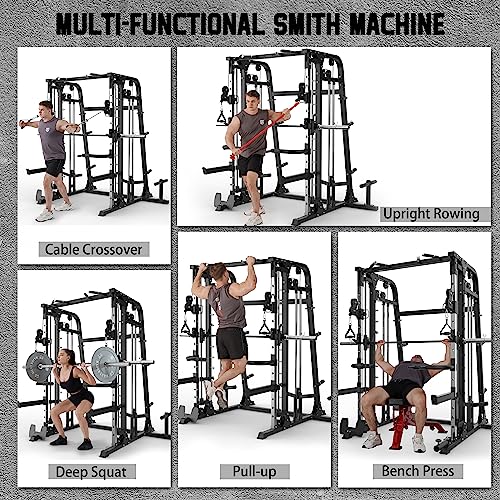 All-in-One Smith Machine Power Cage with Smith Bar and Cable Crossover Machine W7965