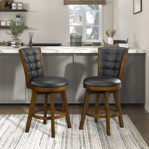 Swivel Bar Stools Set of 2, Counter Height, Chestnut Finish and Black Faux Leather Cushion Seat Z84345