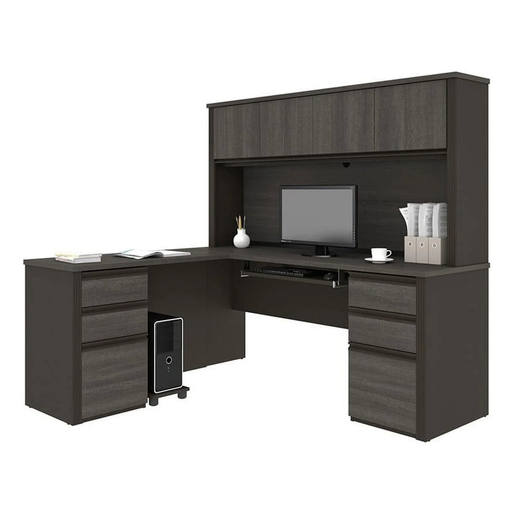 6 Piece Wood L Shaped Computer Desk with Hutch in Bark Gray T681885