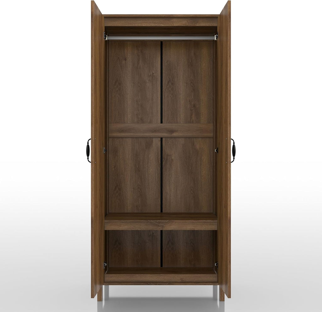 Walnut Brown 2-Doors Wood Armoire Wardrobe Closet with Fixed Shelves and Hanging Rack K57360