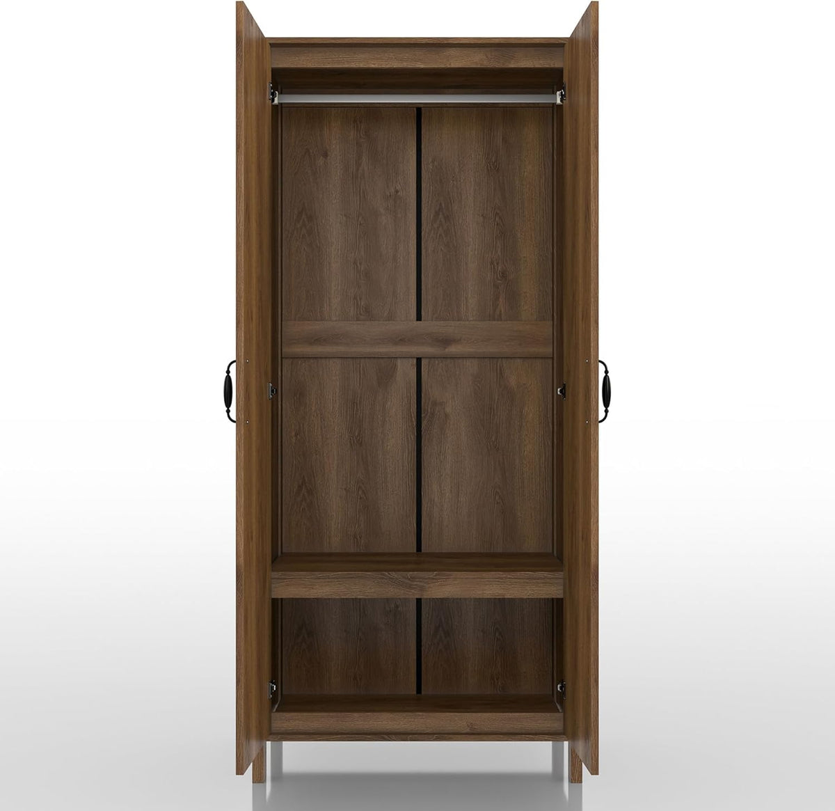 Walnut Brown 2-Doors Wood Armoire Wardrobe Closet with Fixed Shelves and Hanging Rack K57360