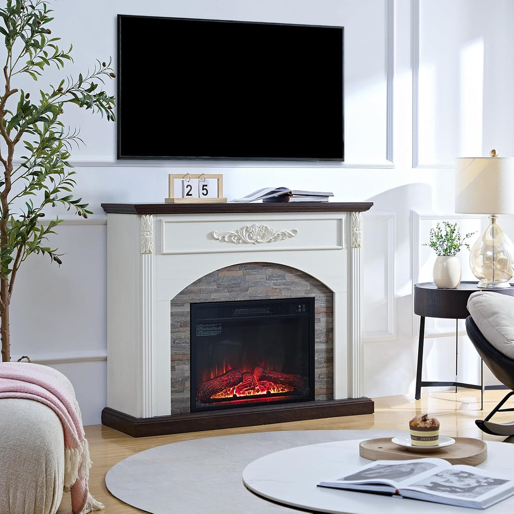 44 Inch Electric Fireplace with Mantel, Freestanding LED Flame Heater with Remote Control Y99853