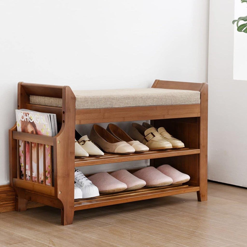 2 Tier Bamboo Shoe Bench with Seat Cushion X65362