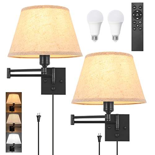 2 Pack Plug In Wall Sconces with Remote Control, White Fabric Shade D14361