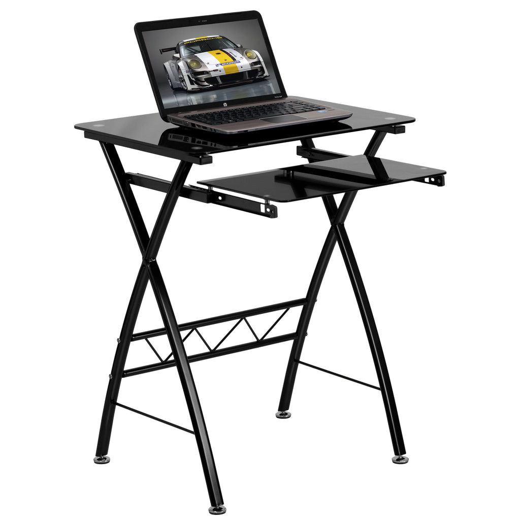 Black Tempered Glass Computer Desk with Keyboard Tray X385863