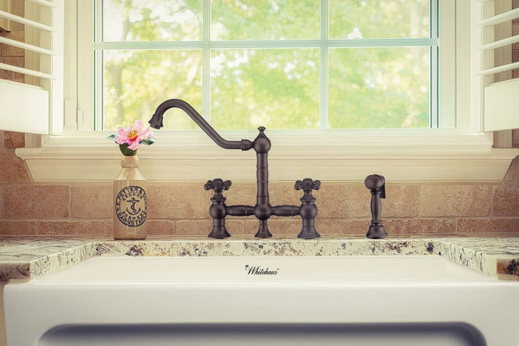 Oil Rubbed Bronze Bridge Faucet with Cross Handles and Side Spray W317