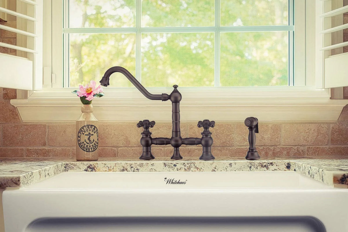 Oil Rubbed Bronze Bridge Faucet with Cross Handles and Side Spray W317