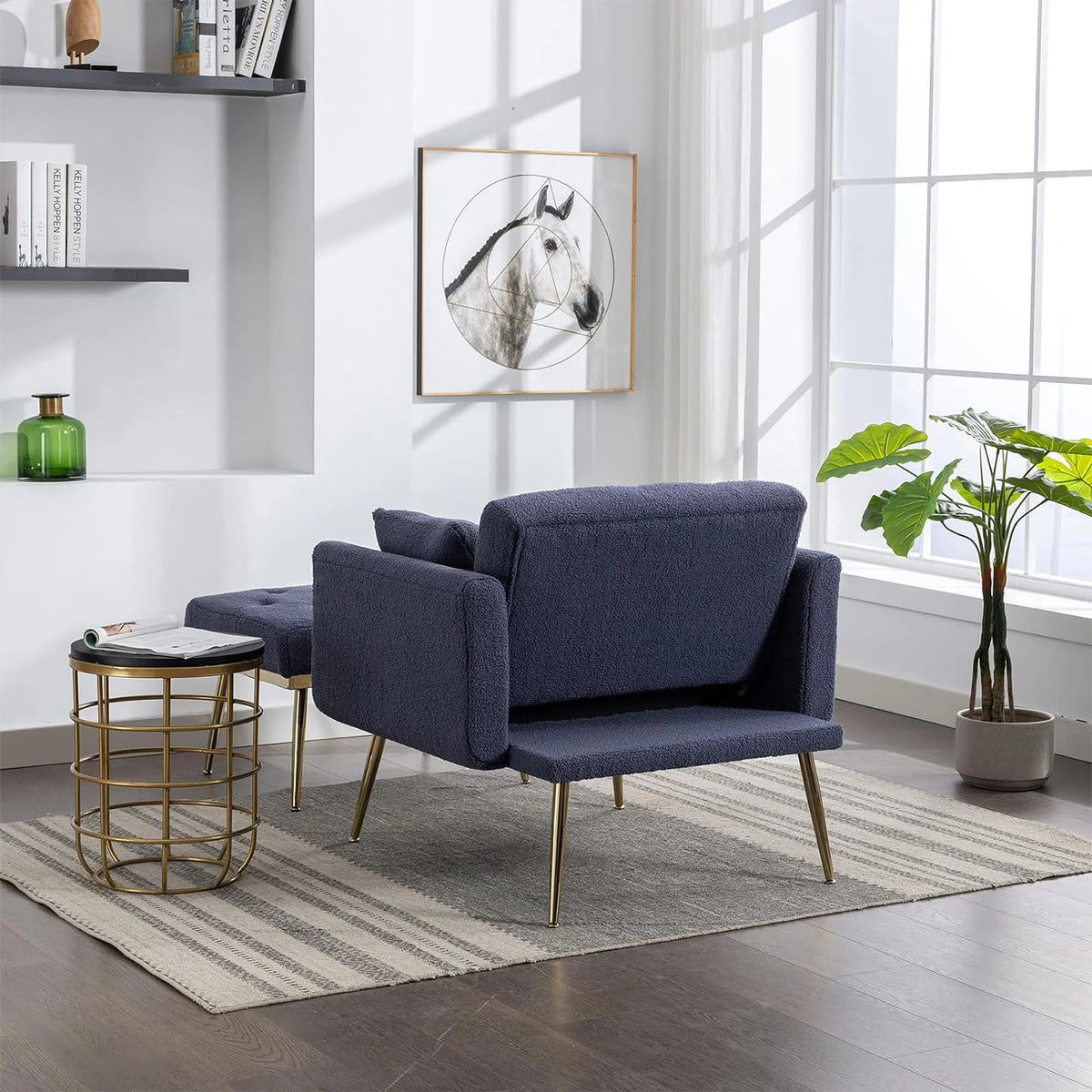 Blue Tufted Chaise Lounge Chair with Ottoman B80558