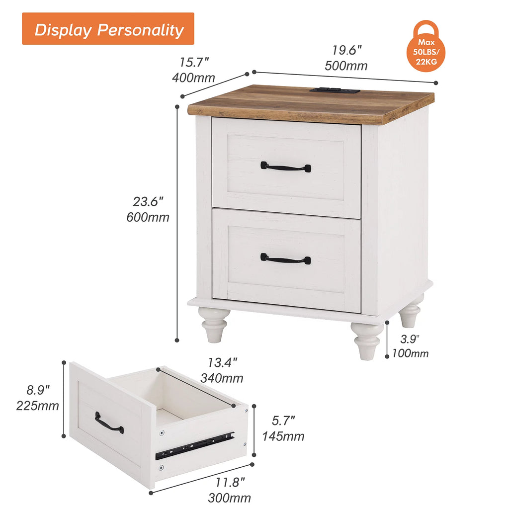 White Oak Set of 2 Wooden Nightstand with 2 Drawers P9393