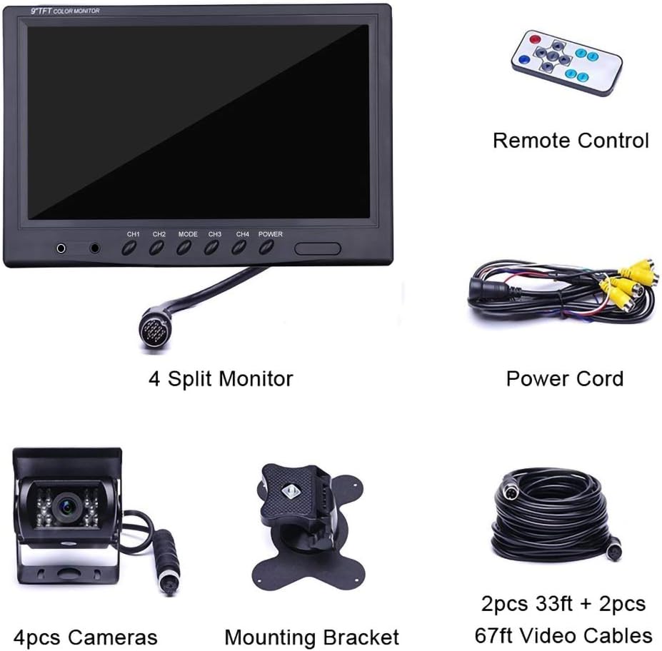 9'' Quad Split Screen HD Rear Backup Camera Monitor System, Waterproof IR Night Vision Backup Camera S3162