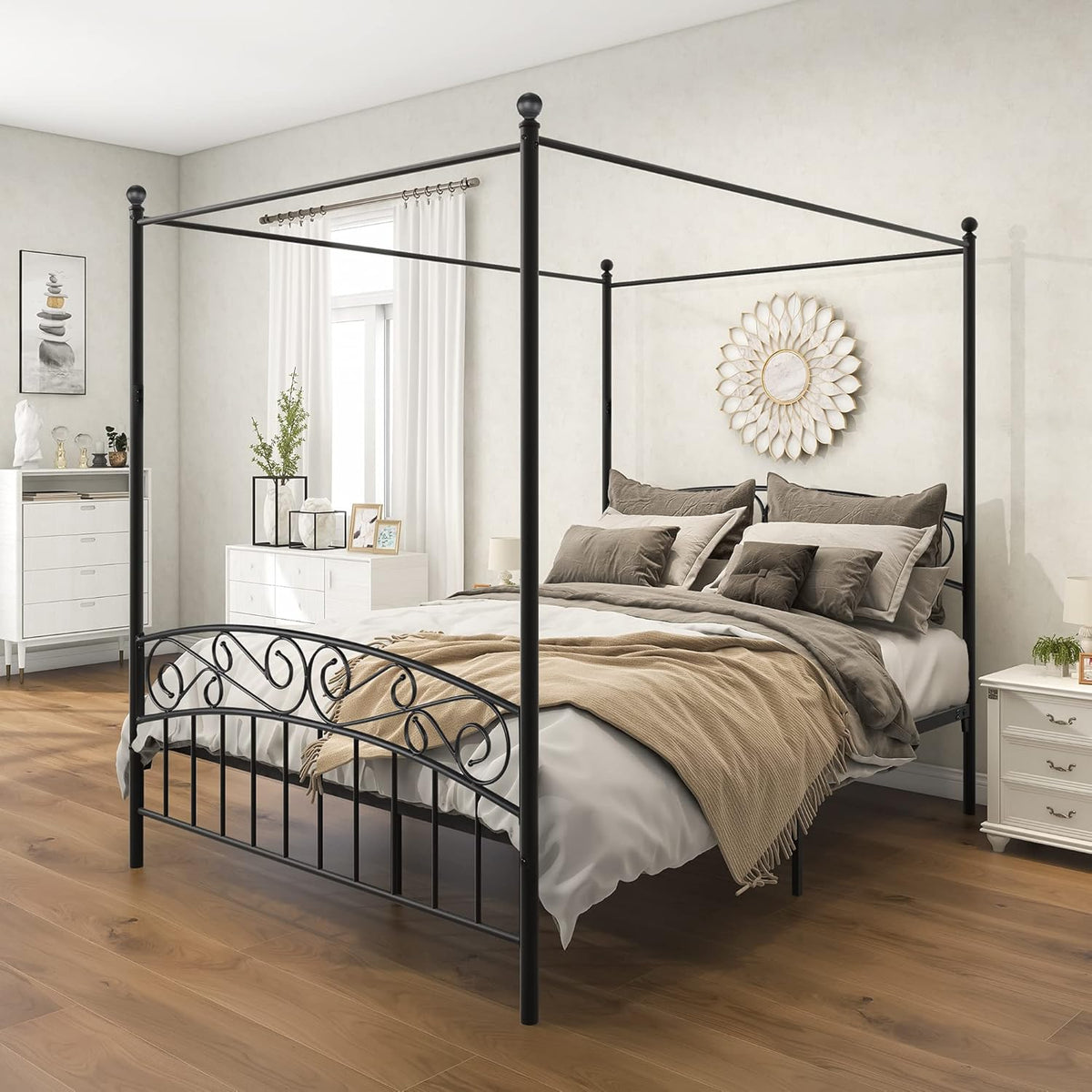 Black Metal Canopy Bed Frame Queen Size with Headboard and Footboard V10707