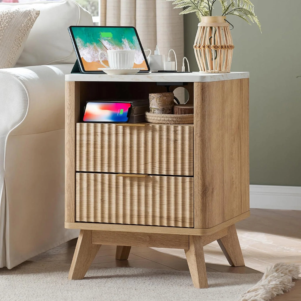 Mid-Century Modern Nightstand with Charging Station V4699