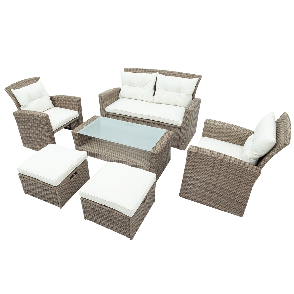 Patio Furniture Set of 4 Rattan Conversation Furniture with Ottoman and Glass Table E1939