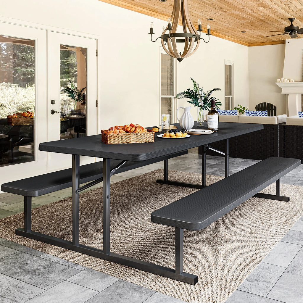 6ft Folding Picnic Table and Bench with Resin Tabletop Steel Frame White H9338