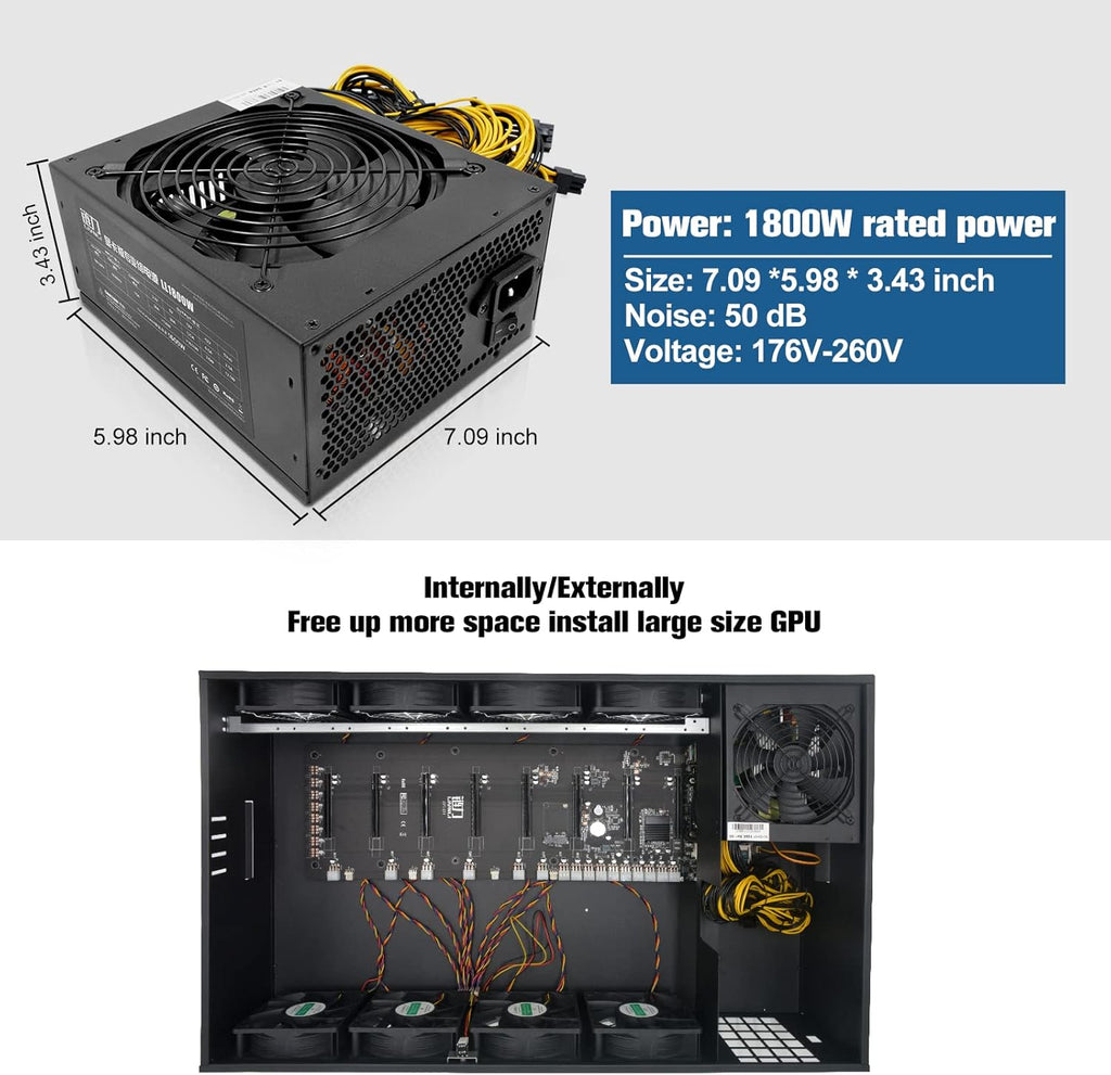 8 GPU Mining Rig Frame Case with 1800W/2800W Power Supply, Motherboard, CPU, RAM, SSD, 8 Adjustable Speed Fans N747810