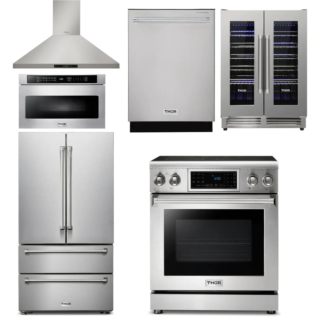 30 Electric Range, Range Hood, Microwave, Refrigerator, Dishwasher, Wine Cooler E5606