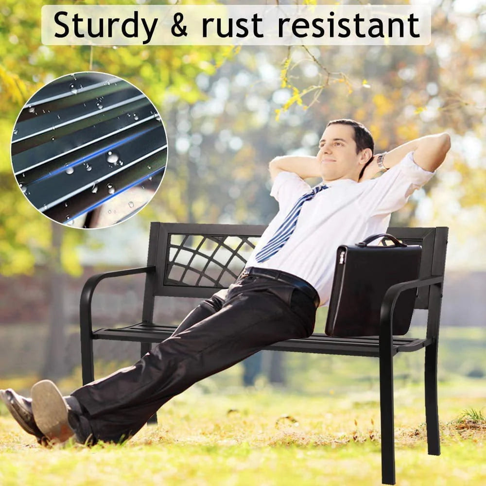 Black Outdoor Garden Bench with Armrests A706878