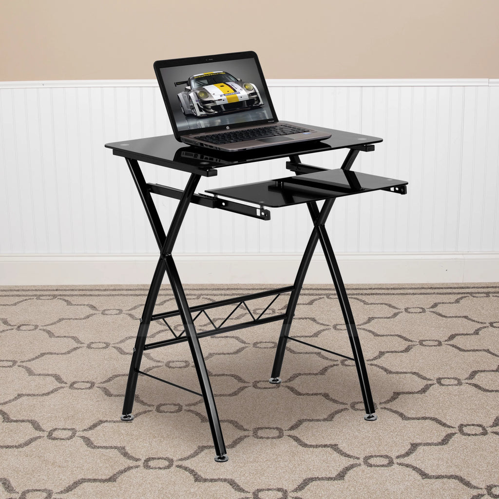 Black Tempered Glass Computer Desk with Keyboard Tray X385863