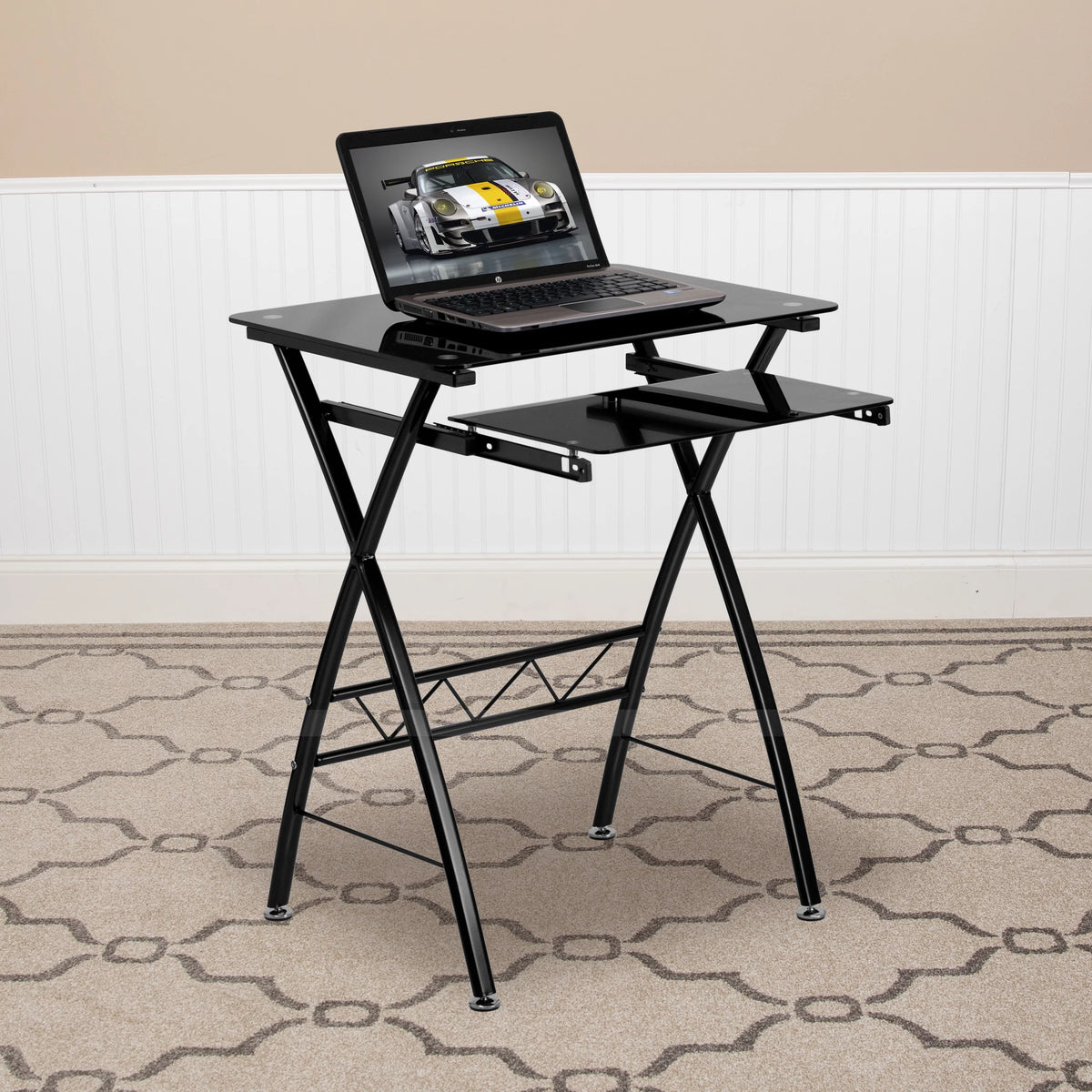 Black Tempered Glass Computer Desk with Keyboard Tray X385863