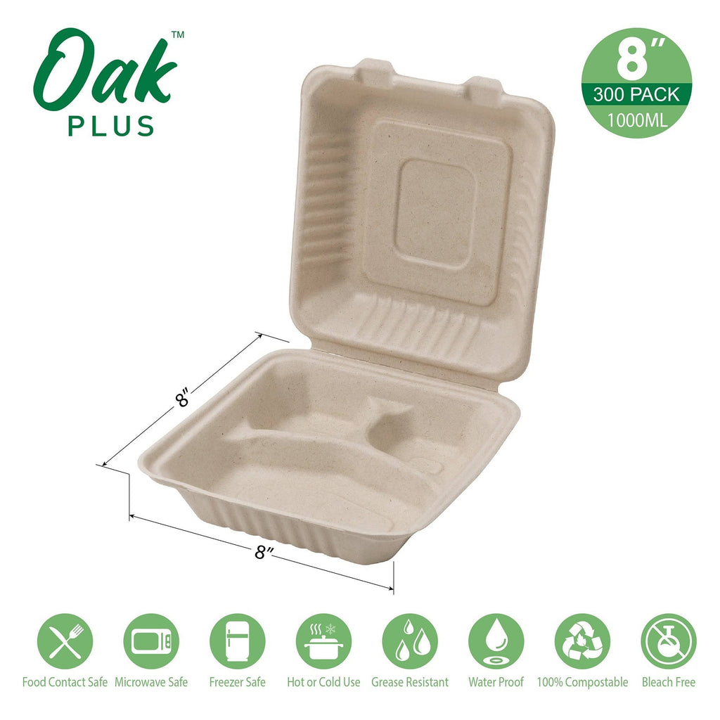 10 inch Natural Compostable Sugarcane Sectional Clamshell Containers, 300 Pack P24228