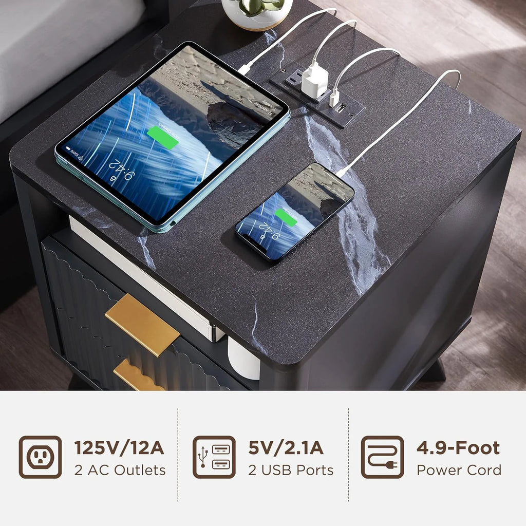 Mid-Century Modern Nightstand with Charging Station V4699