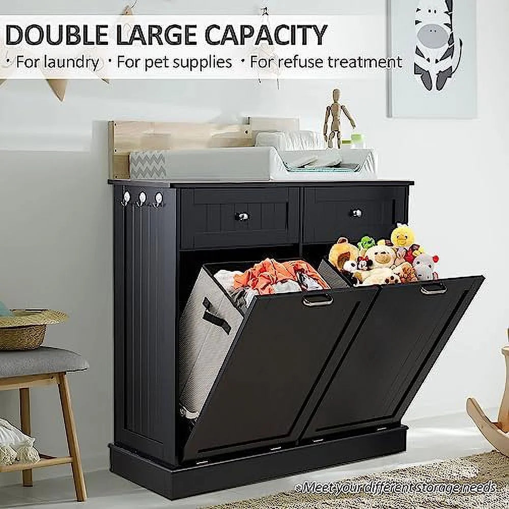 Double Tilt Out Trash Cabinet Laundry Hamper 20 Gallon Black G2188