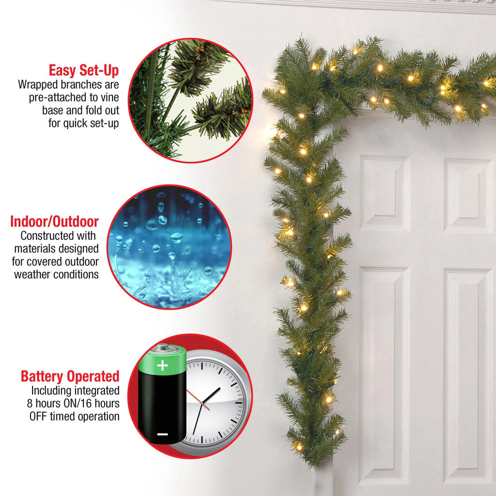 Pre-Lit Artificial Christmas Garland, Green, Norwood Fir, White Lights, 9 Feet H5951
