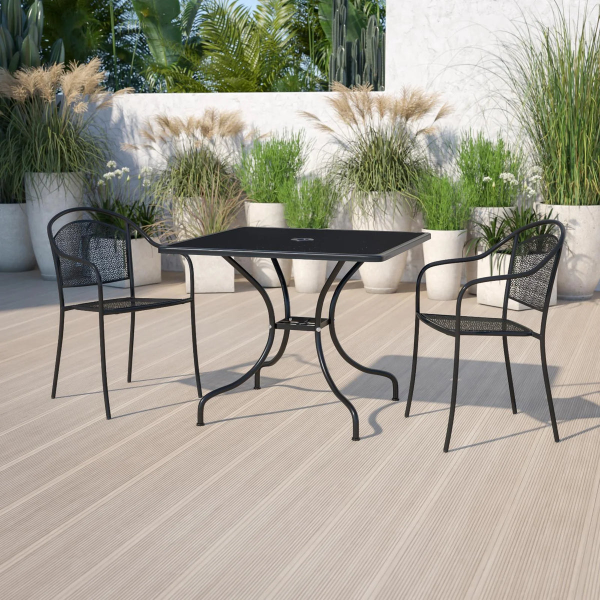 Square Black Steel Patio Table with Umbrella Hole N4529