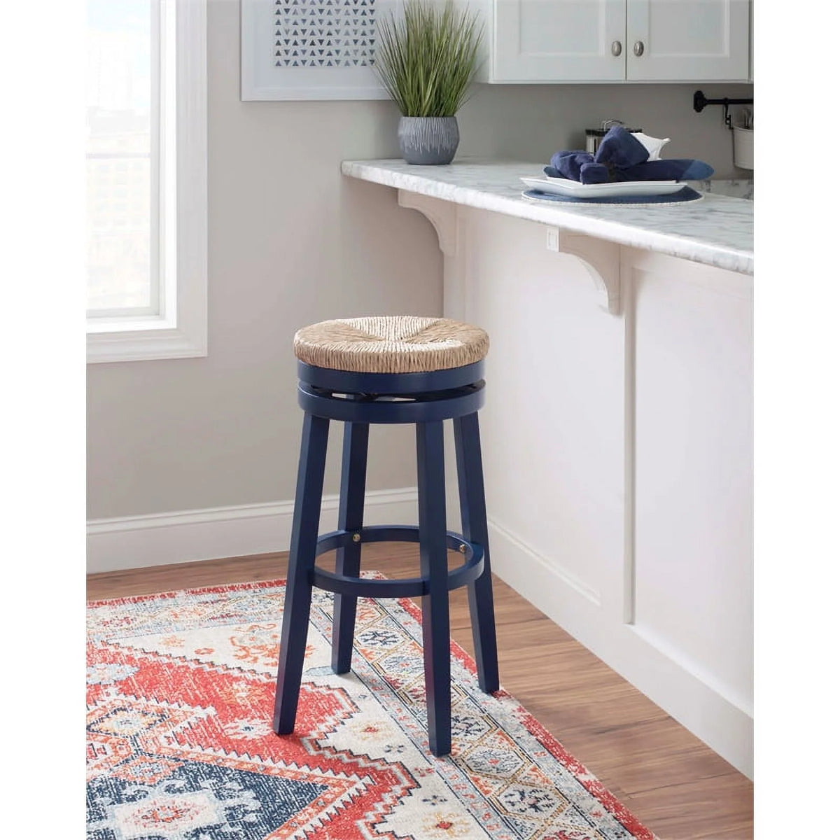 Navy Blue Wood Swivel Barstool P8245