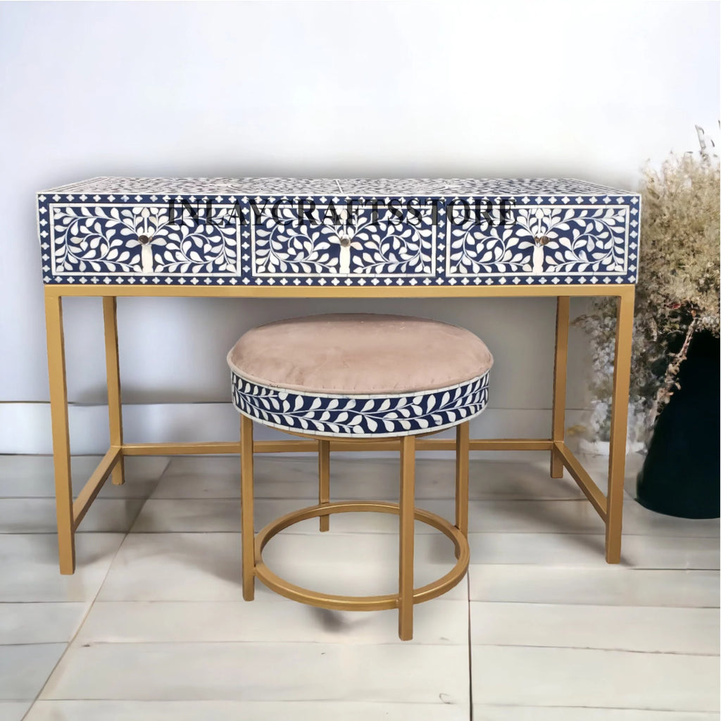 Bone Inlay 3 Drawers Console and Stool Indigo Blue M725