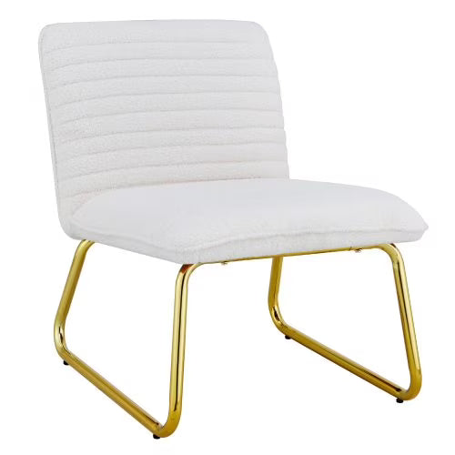 White minimalist armless sofa chair with plush cushion and backrest and golden metal legs M1501