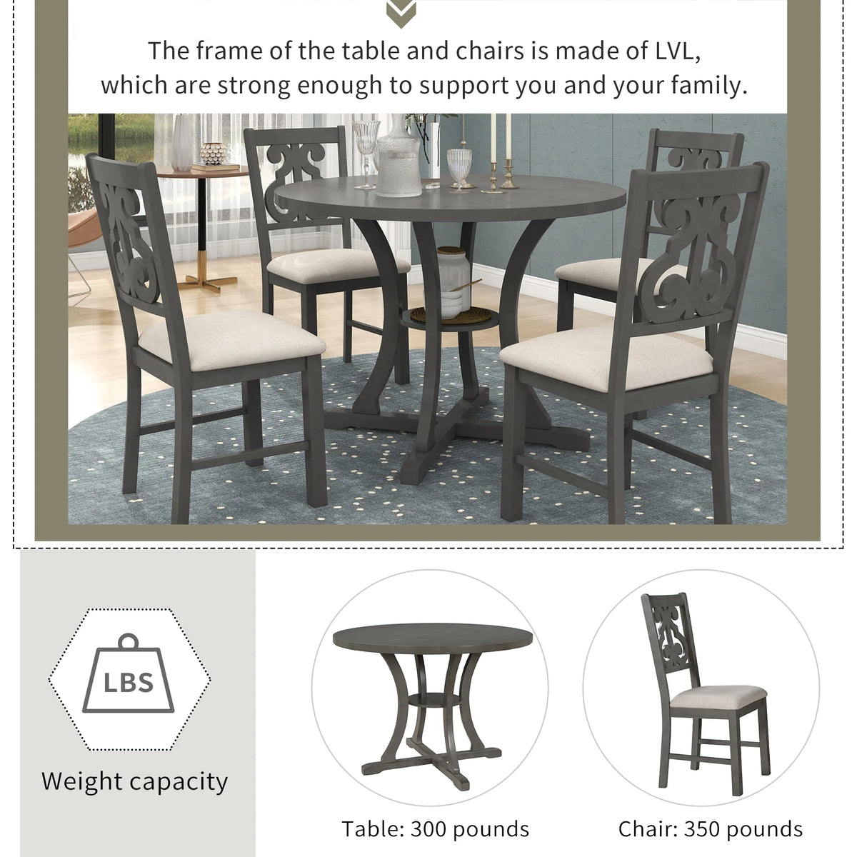 Antique Gray 5 Piece Wooden Dining Table and Chairs Set C64310