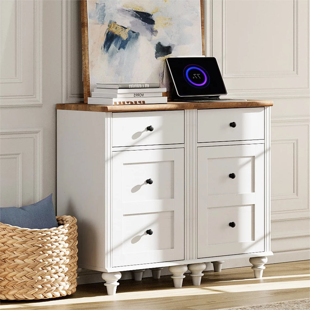 White and Oak 2 Drawer Nightstand with Open Shelf D222