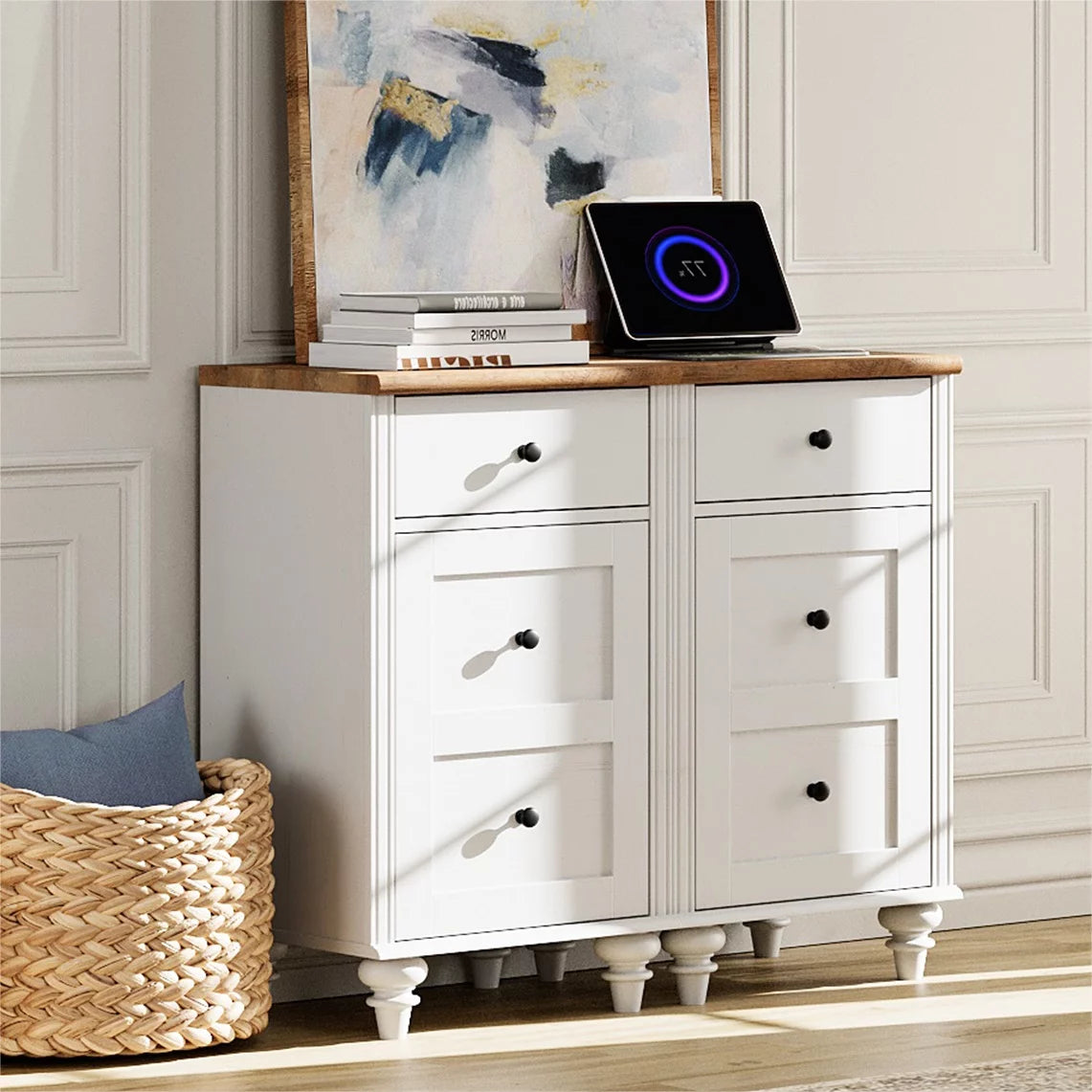 White and Oak 2 Drawer Nightstand with Open Shelf D222