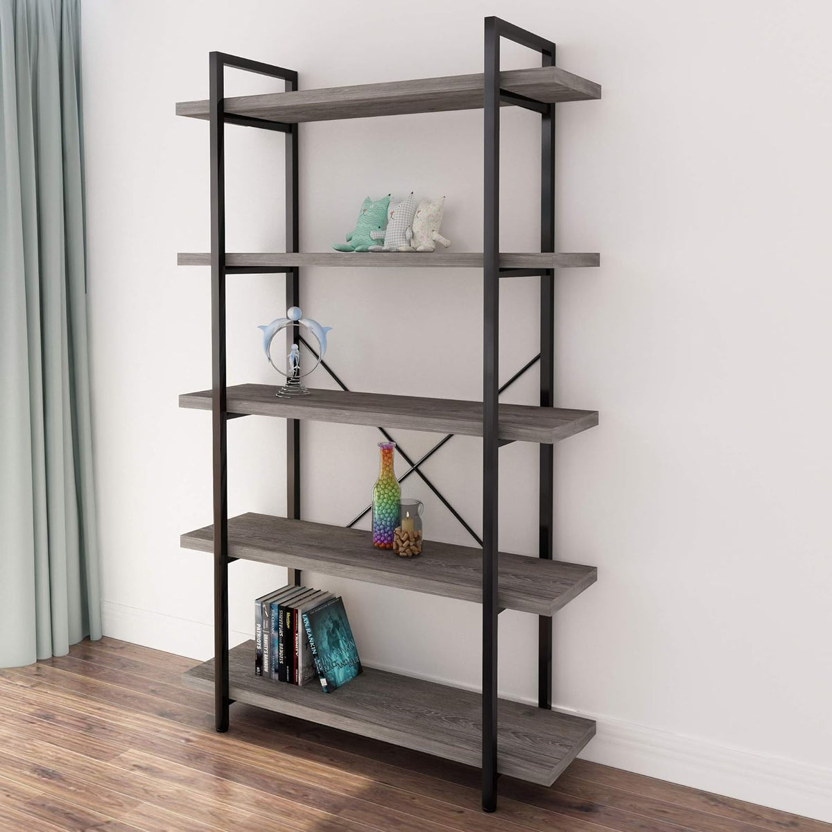 Gray Oak 4-Tier Metal and Wood Bookshelf A964276