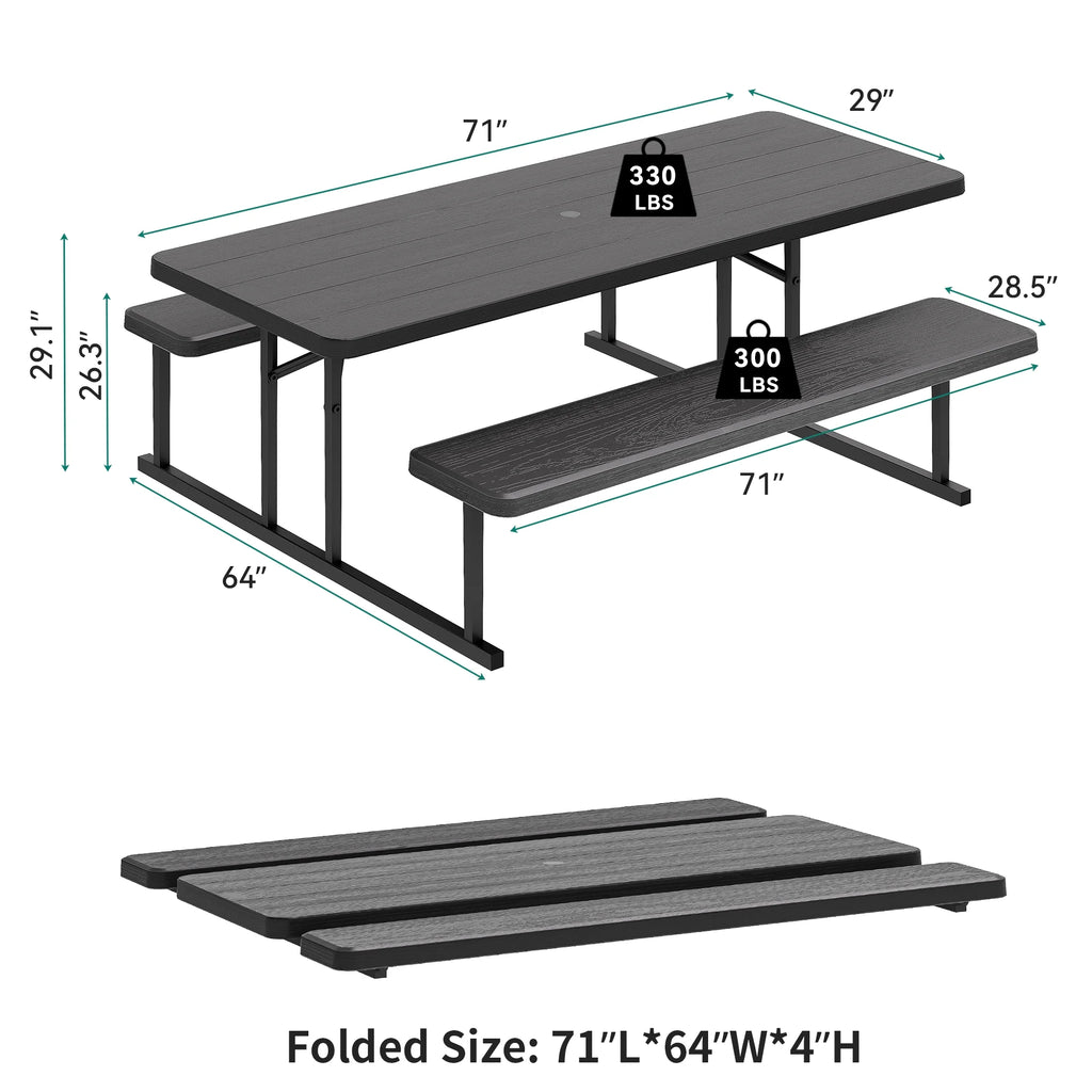6ft Folding Picnic Table and Bench with Resin Tabletop Steel Frame White H9338
