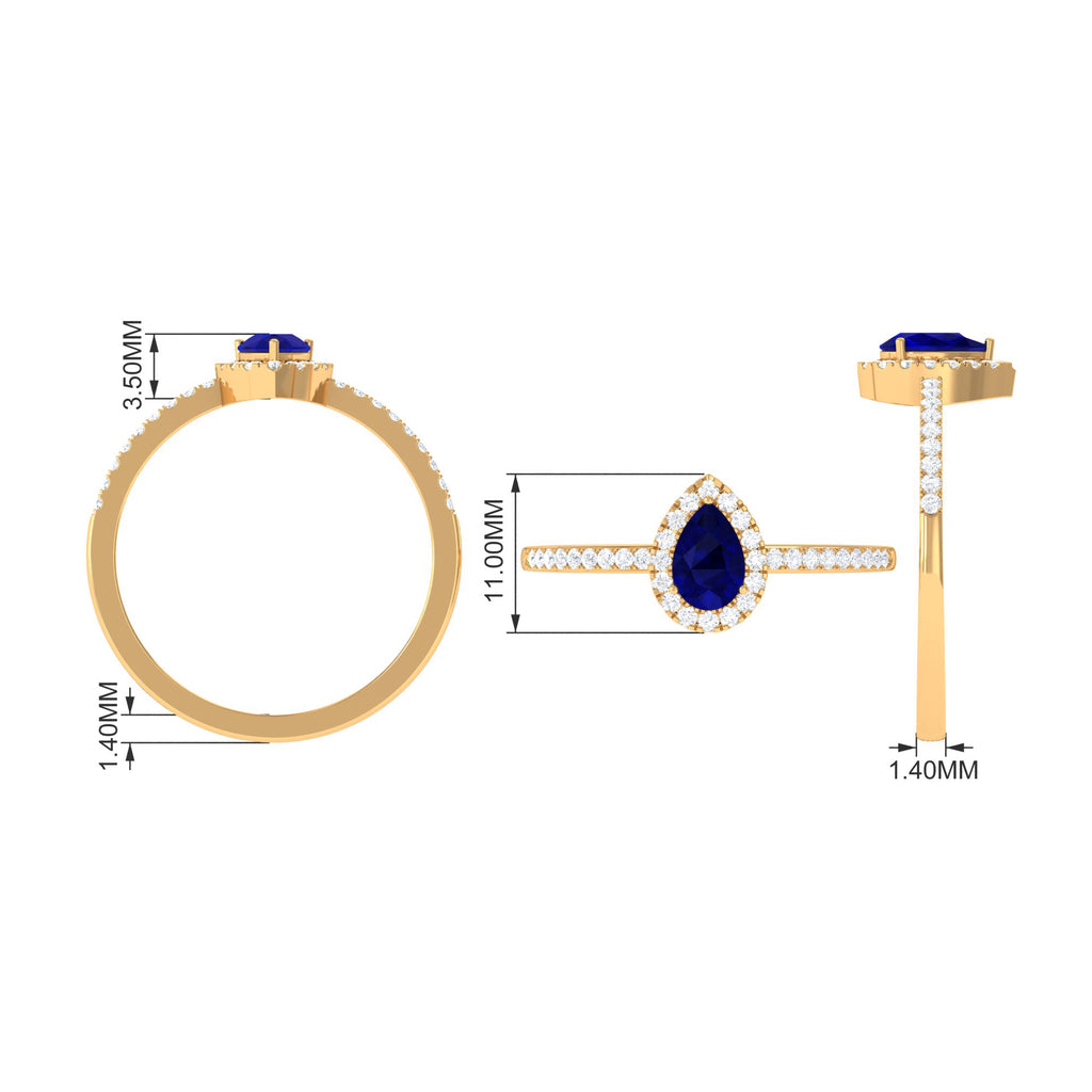 Pear Cut Blue Sapphire Teardrop Ring with Diamond Halo, 925 Sterling Silver, US 8.00 Q2463
