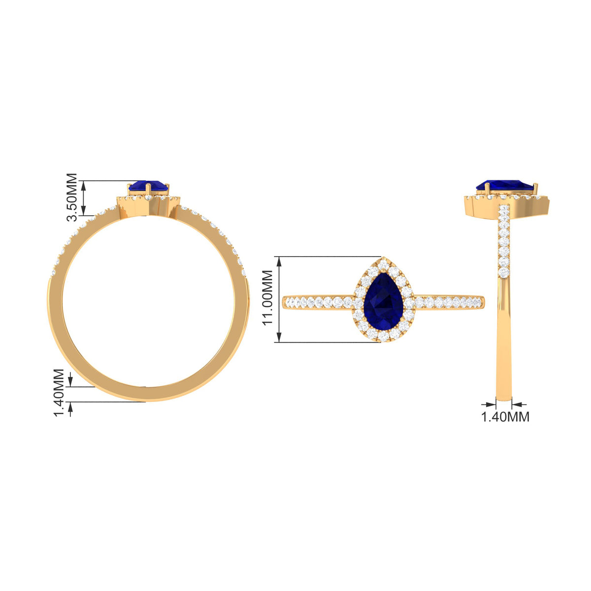 Pear Cut Blue Sapphire Teardrop Ring with Diamond Halo, 925 Sterling Silver, US 8.00 Q2463