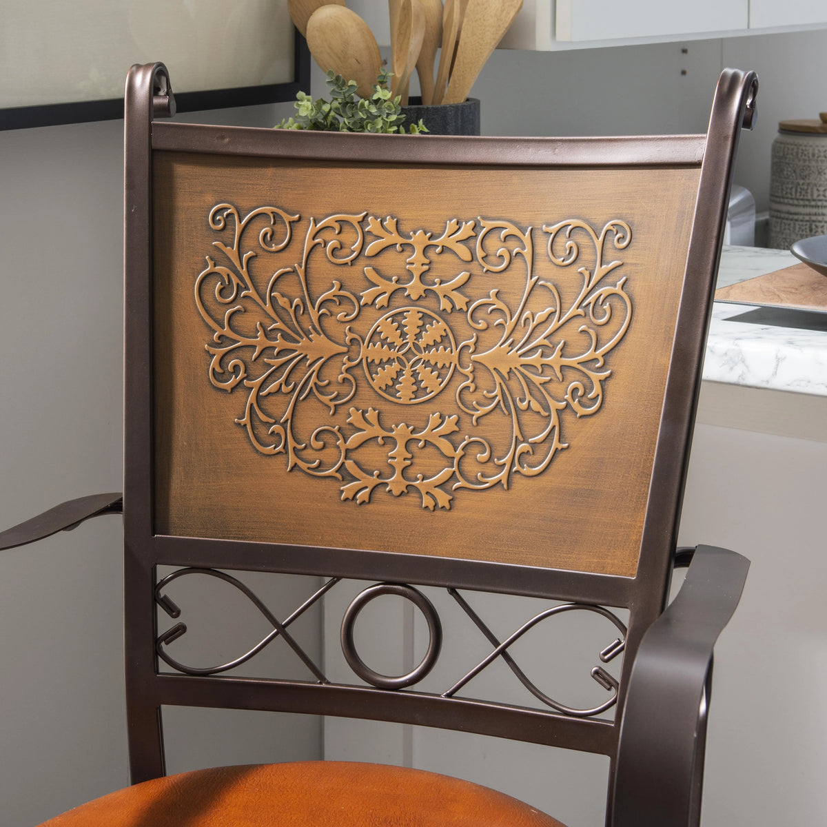30" Metal Stamped Back Bar Stool with Swivel and Arms, Rich Bronze with Warm Rust Faux Leather S385