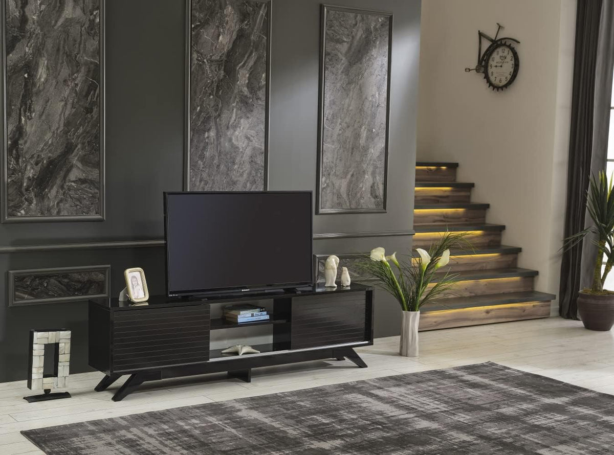 Black 67 inch TV Stand with 2 Sliding Door Cabinet and 2 Shelves M6630