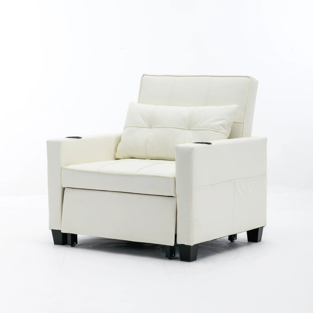 White Leather 3-In-1 Convertible Sleeper Chair Bed with USB Ports U163