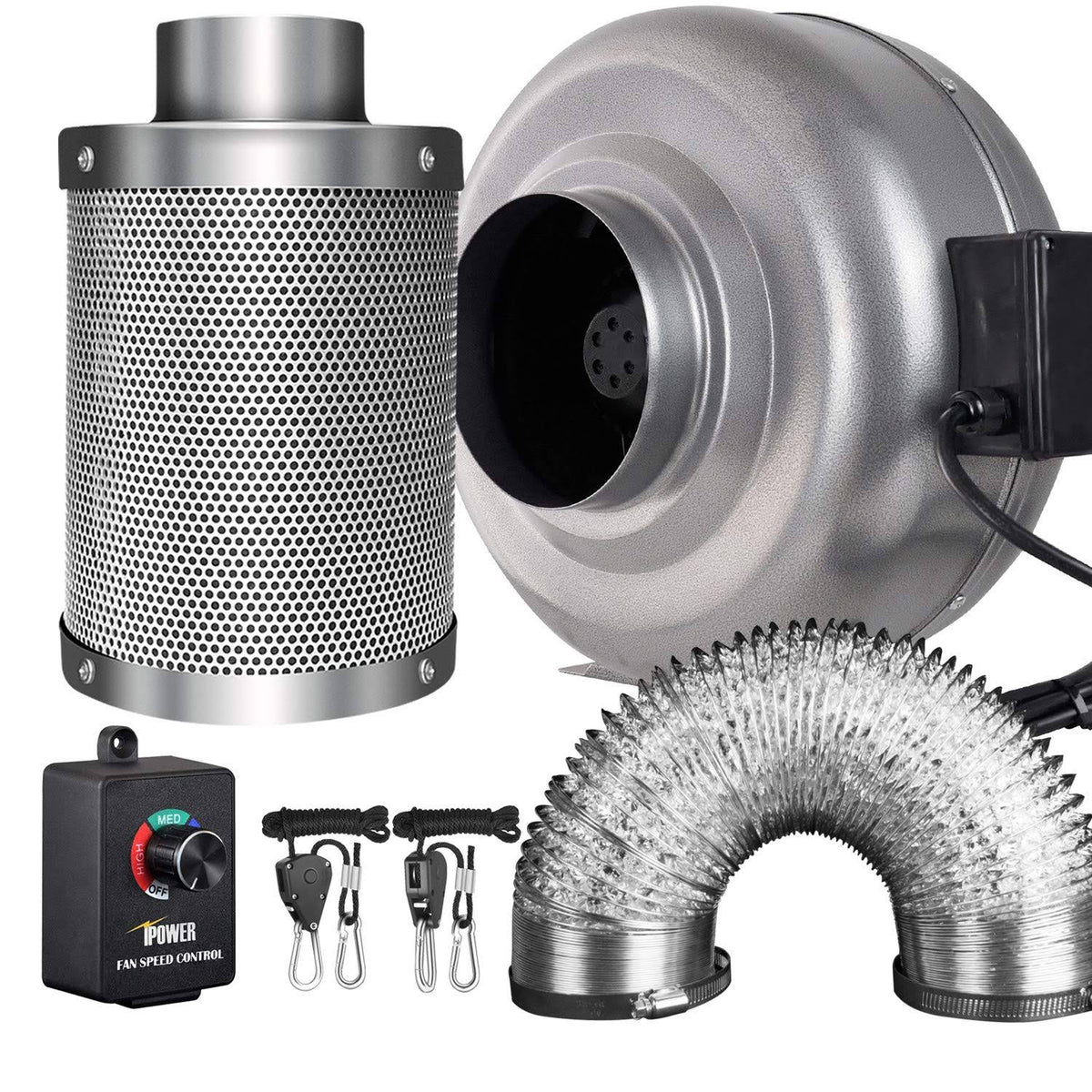 6 inch 442 CFM Inline Fan Carbon Filter 16 Feet Ducting Combo with Variable Speed Controller and Rope Hanger N7227