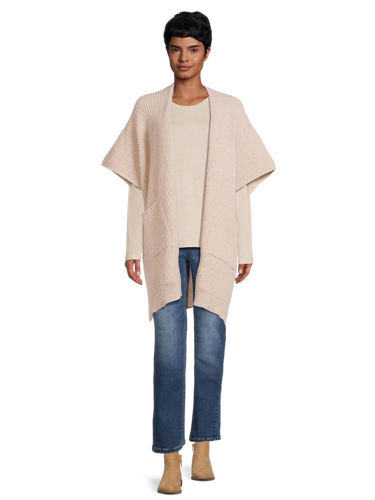 Ribbed Sweater Cape with Pockets C7553
