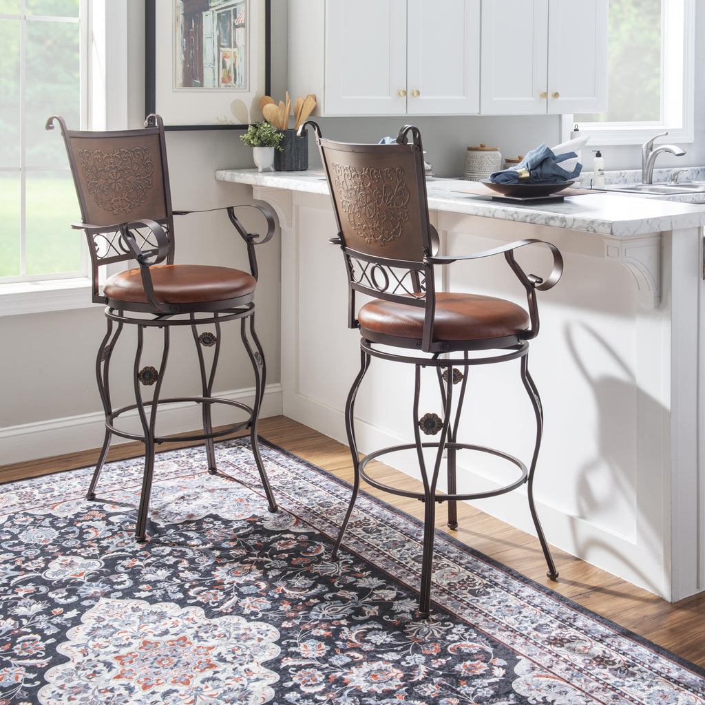 30" Metal Stamped Back Bar Stool with Swivel and Arms, Rich Bronze with Warm Rust Faux Leather S385