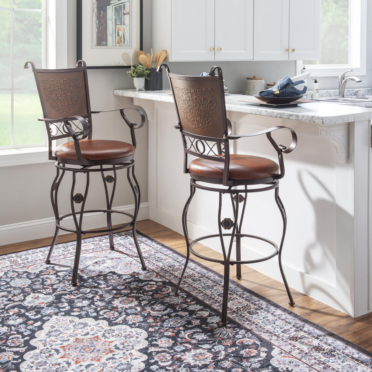 30" Metal Stamped Back Bar Stool with Swivel and Arms, Rich Bronze with Warm Rust Faux Leather S385