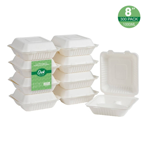 10 inch Natural Compostable Sugarcane Sectional Clamshell Containers, 300 Pack P24228