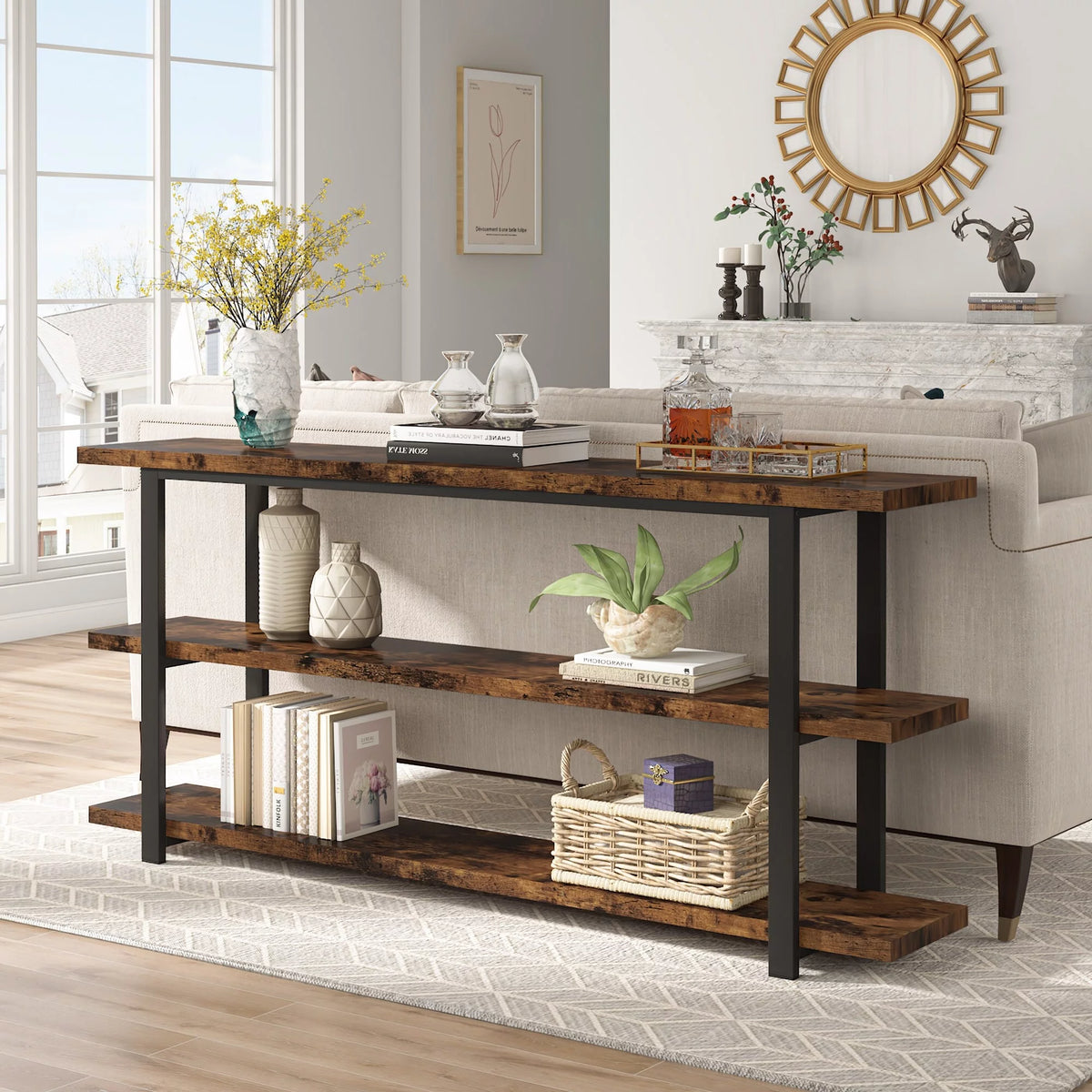 3-Tier Rustic Brown Console Table Shelving Unit Y59046