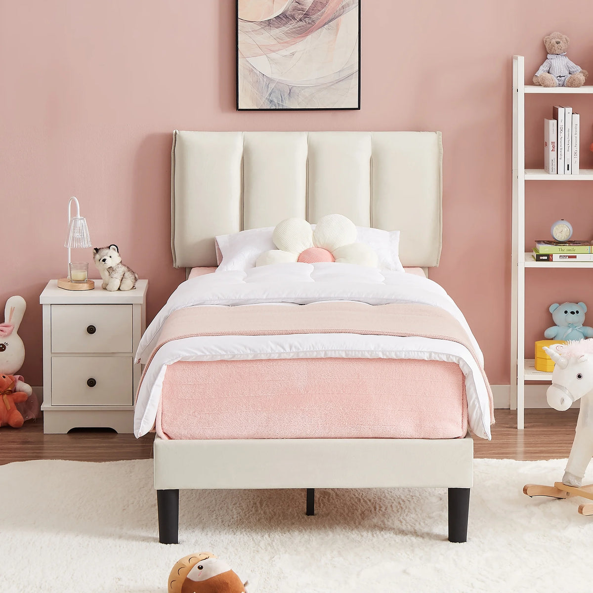 Queen Size Upholstered Platform Bed Frame with Adjustable Headboard O634946